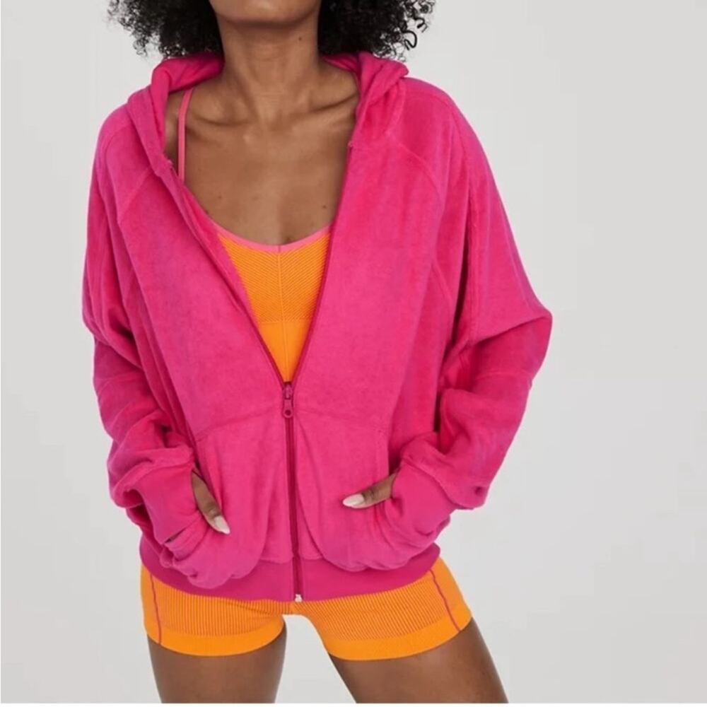 Offline Aerie Summer Lights Terry Full Zip Sweatshirt Hoodie Fushia Pink Small